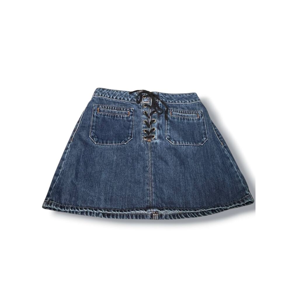 Garage Lace-Up‎ Denim Mini Skirt Y2K Blue Jean Skater A-Line Cotton Indie Sleaze